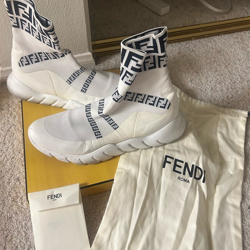 Fendi White and Black Logo Sock Sneakers